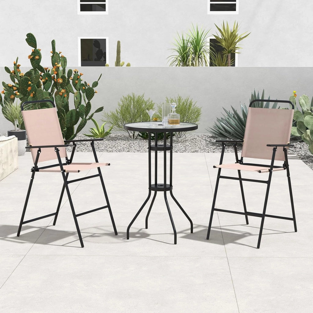 Set da bistrò, tavolo rotondo alto con piano in vetro e 2 sedie pieghevoli, tessuto traspirante, set di mobili per 2 persone, per balcone, terrazza, giardino (senza ombrellone)