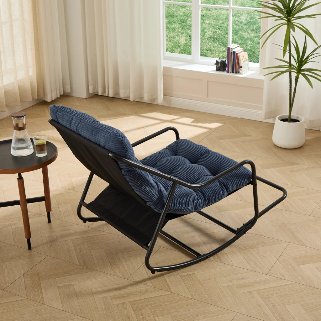 Sedia a dondolo con cuscino spesso e movimento regolabile per soggiorno in acciaio blu navy