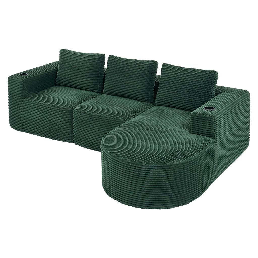 Divano lineare con 3 cuscini e doppi portabicchieri in poliestere imbottito - verde rétro 265×176×60 cm