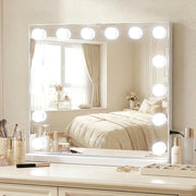 Specchio per Trucco Illuminato, Specchio da Tavolo con 14 Luci LED e Specchio con Ingrandimento 5X, Specchio da Toeletta con 3 Colori e Luminosità Regolabile, 50x43 cm