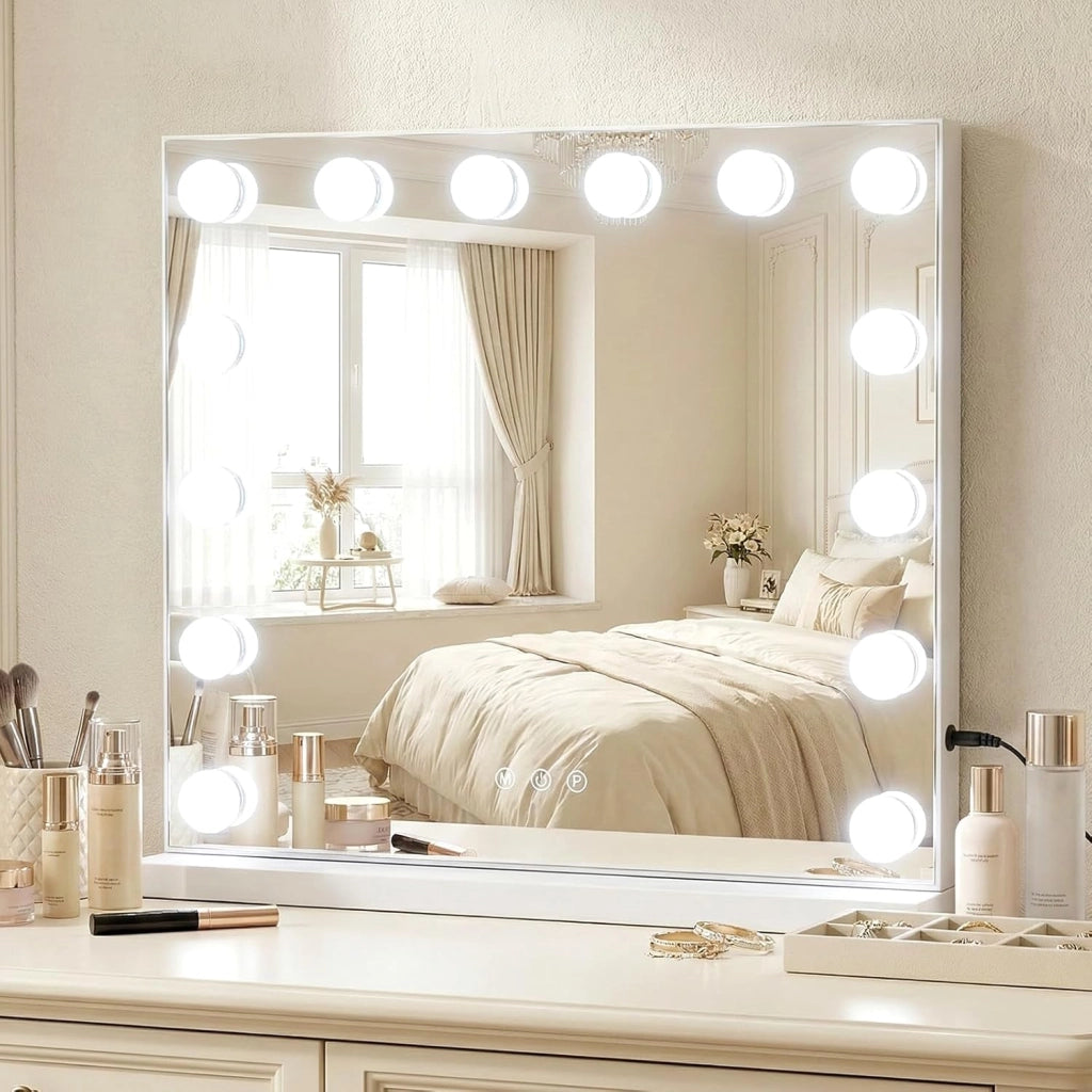 Specchio per Trucco Illuminato, Specchio da Tavolo con 14 Luci LED e Specchio con Ingrandimento 5X, Specchio da Toeletta con 3 Colori e Luminosità Regolabile, 50x43 cm