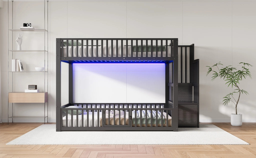 DESMIU Letto a castello 140 × 200 cm 2 posti con LED, scala contenitore, senza materasso, nero