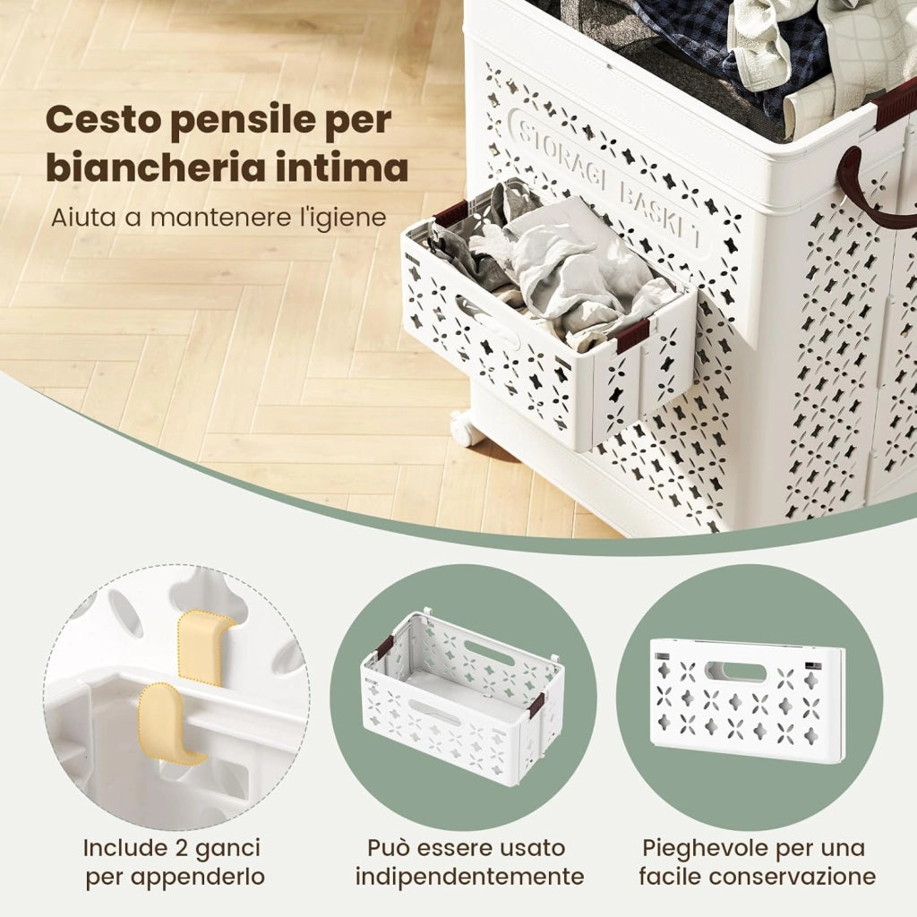 Cesto Portabiancheria Grande 75 L, Cesto in Plastica 43,5 x 34 x 61 cm con 4 Ruote e Cestino per Biancheria Intima e Maniglie, Borsa da Bucato, Bianco