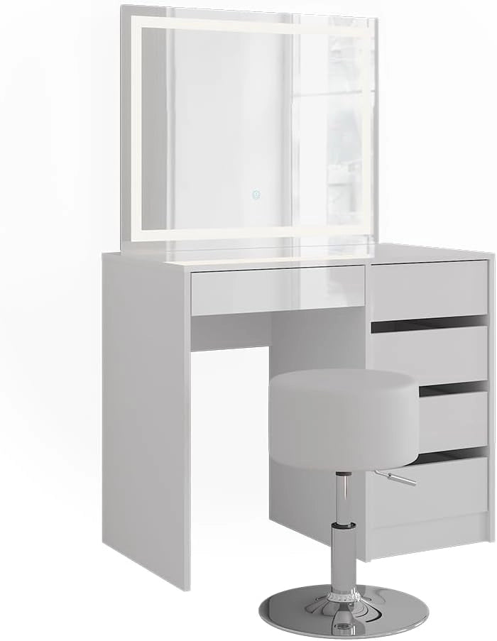 Tavolo da toeletta Sherry, Bianco/bianco lucido, 89.8 cm con specchio LED e sgabello