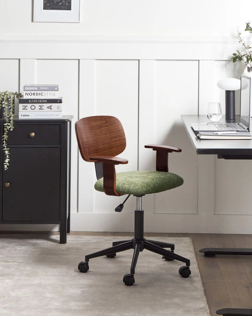 Elegante sedia girevole in tessuto poliestere Legno scuro e verde ufficio domestico elegante