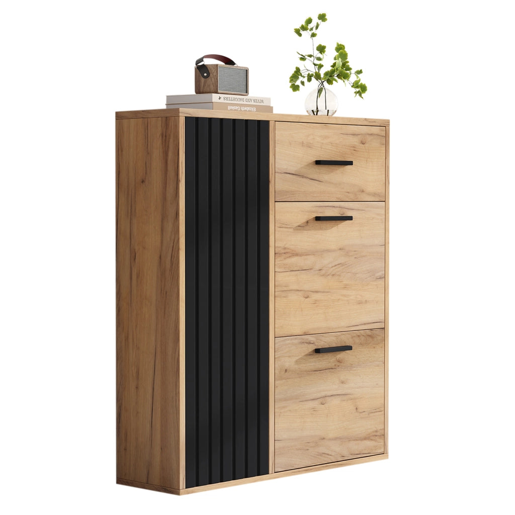 Mobile porta scarpe moderno con cassetto, 3 ante e ripiani regolabili, nero e naturale, 80 x 24 x 95,5 cm