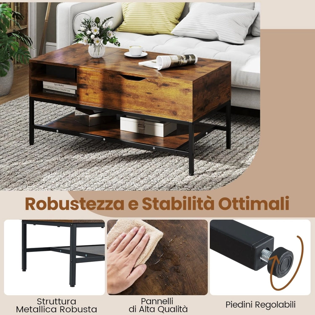 Tavolino da Caffè con Piano Sollevabile e Scomparto Nascosto, Tavolo da Salotto in Legno con Ripiano Portaoggetti, Ideale per Piccoli Spazi (Marrone)