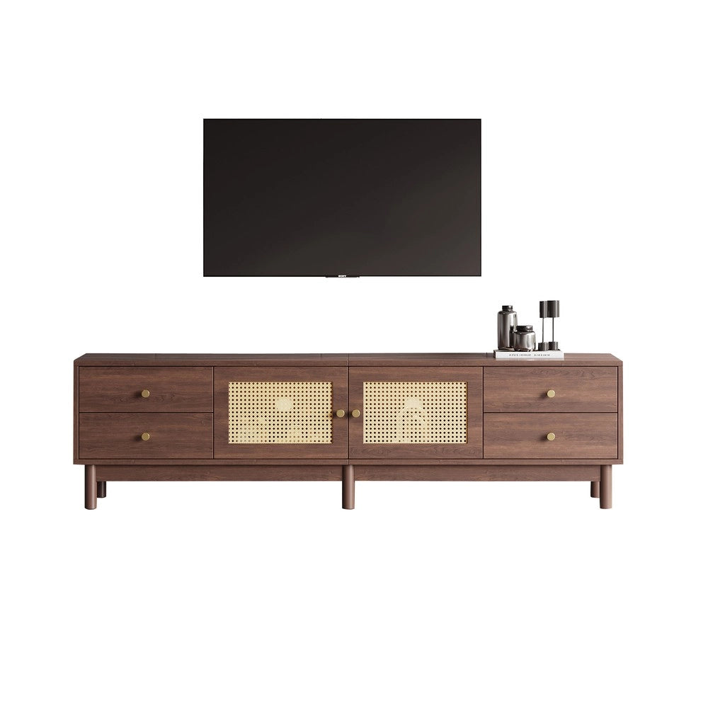 Mobile TV in Legno Scuro con Cassetti e Ante in Rattan ¨C Xylo ¨C 180 cm