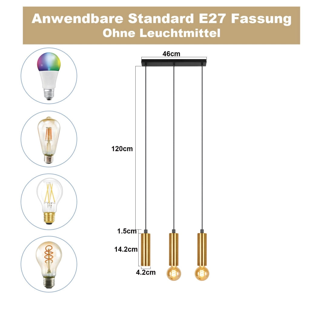 Lampada a sospensione ZMH per sala da pranzo oro 3 fiamme E27 135 cm lampada da soggiorno e cucina