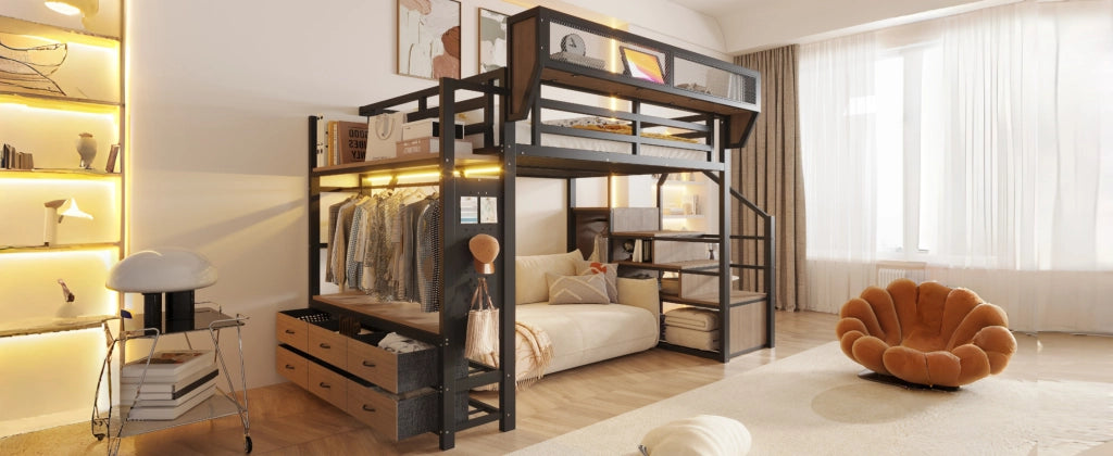 Letto a soppalco 140 × 200 cm con ripiani, asta appendiabiti, cassetti in tessuto et LED, senza materasso, nero