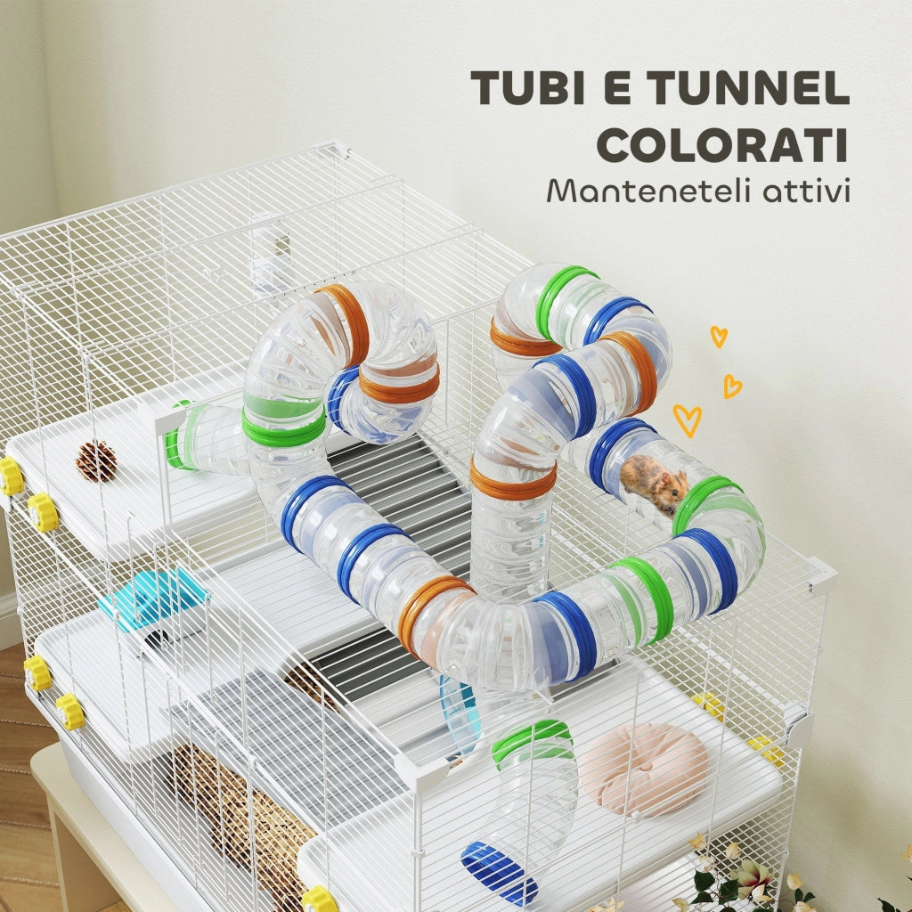 Gabbia per Criceti a 4 Livelli 78x45x73 cm con Tubi e Accessori in Metallo PP e PS Bianco