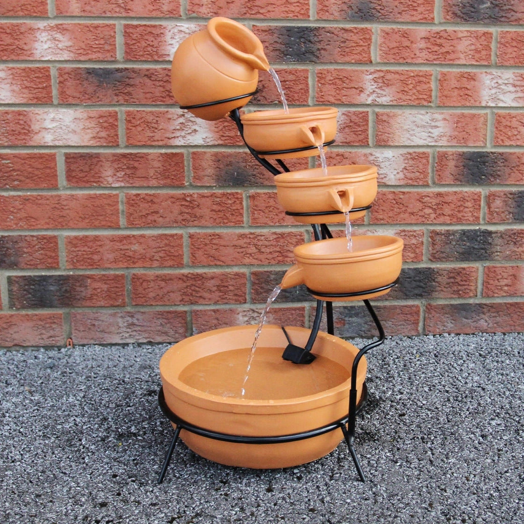 Fontana Solare a Cascata da Giardino con Batteria di Supporto da 6 Ore Fontanella con Pannello Solare e Picchetto Fontanella a Vasi Fontana con Ciotole - Terracotta