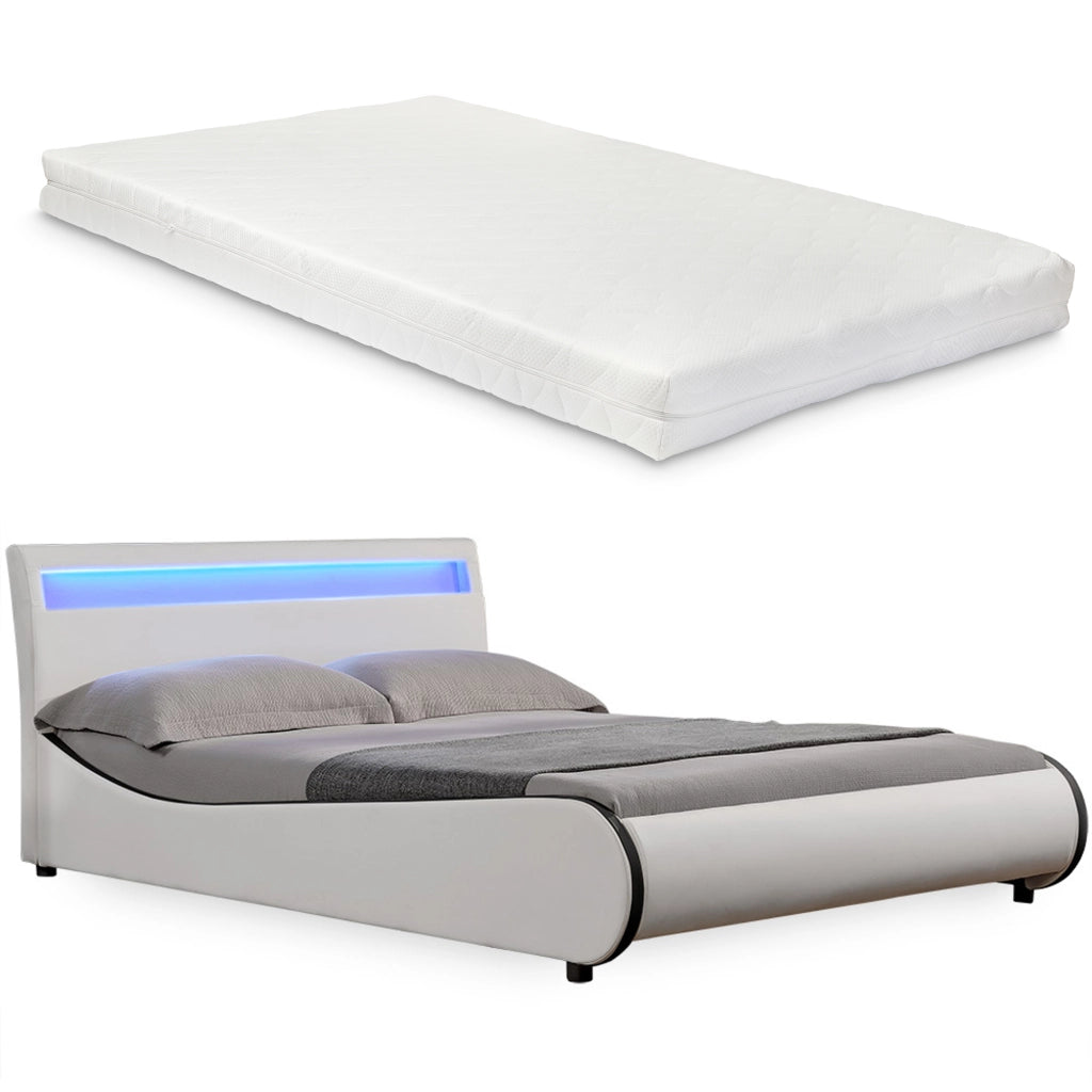 Letto Francese con Materasso 140x200 cm Testiera Alta con Illuminazione a LED Similpelle Bianco Corium