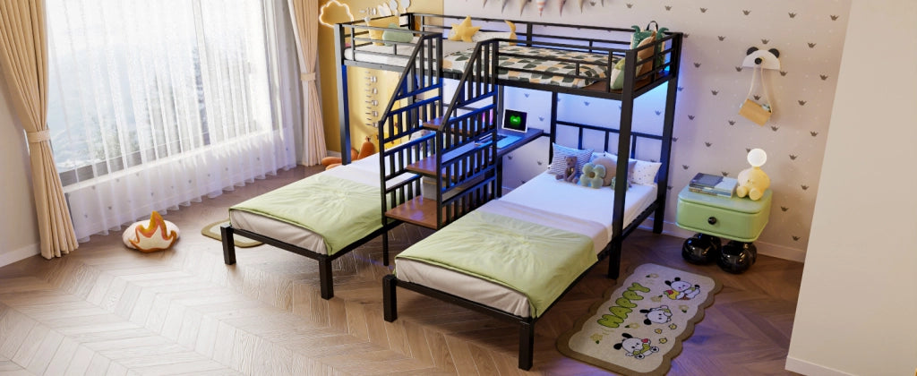 LETTO a castello 90x200 cm in metallo nero con LED, scrivania e USB