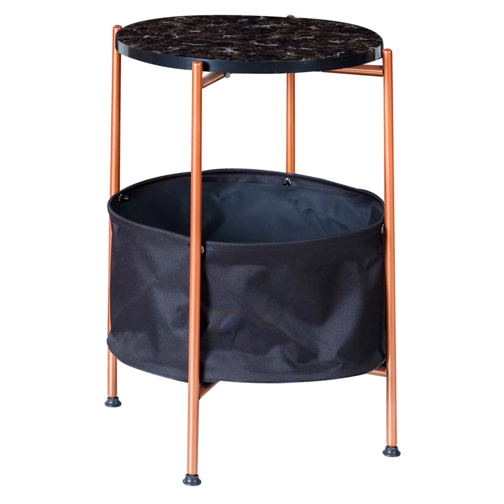 Tavolino Basso da Divano 'Suonenjoki' con Cesto Contenitore in Tessuto e Piano Rotondo - Color Bronzo/Effetto Marmo Nero [en.casa]