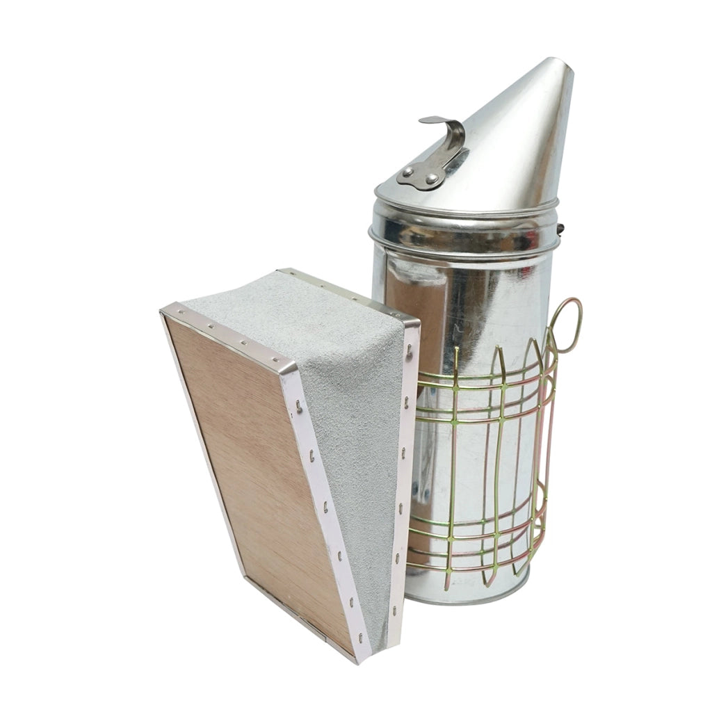 Affumicatore per api in acciaio galvanizzato con cilindro, scudo termico e soffietto in pelle, 230 mm
