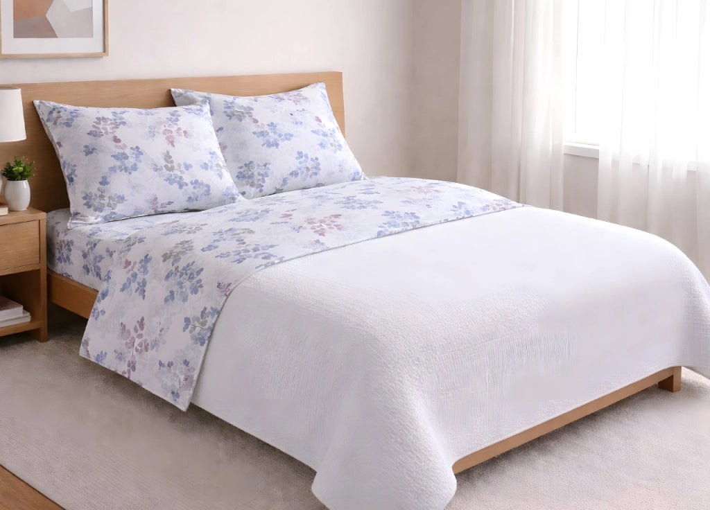 Completo Lenzuola Letto In 100% Cotone Made Italy Disegno Petalo - Singolo - Azzurro