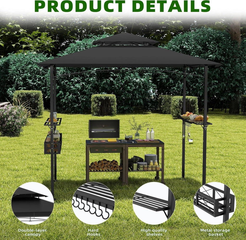 Gazebo da giardino, 244 x 138 x 250 cm, con bancone e tetto a doppio strato, per giardino, per feste, protezione dai raggi UV, colore: nero