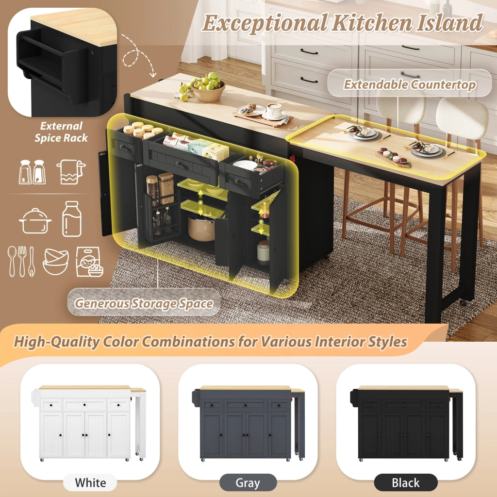 Mobile cucina con 3 cassetti; piano estraibile e ripiani regolabili per cucina in MDF nero naturale 137-190.6 × 45.2 × 92 cm