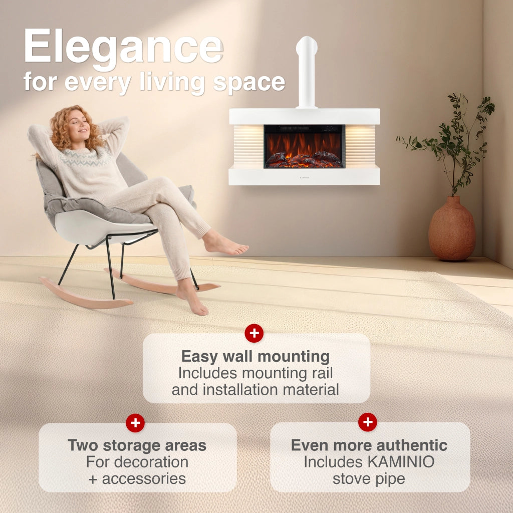 KAMINIO Camino elettrico LIZ con tubo del camino - Camino da parete con riscaldamento, fiamma 3D, luce ambiente a LED, telecomando - Bianco