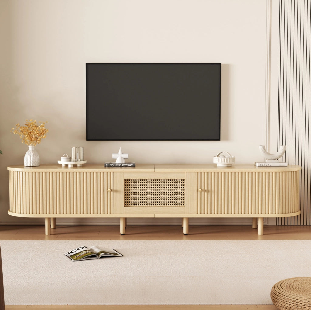 Mobile TV 180x40x40 cm con ante scorrevoli e cassetto in MDF naturale