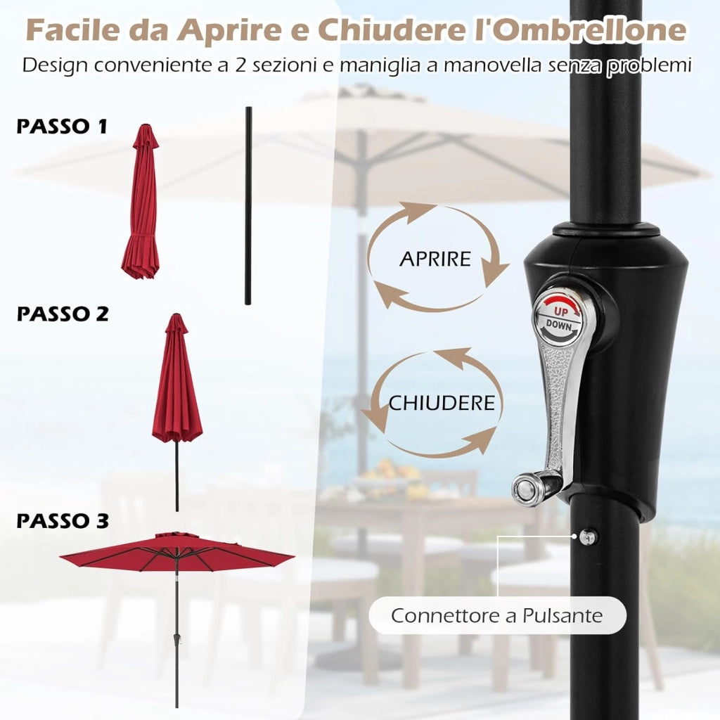 Ombrellone da Giardino, Diametro 290 cm, Ombrello da Spiaggia con Manovella e Inclinazione Regolabile, Ideale per Spiaggia, Balcone, Giardino (Rosso)