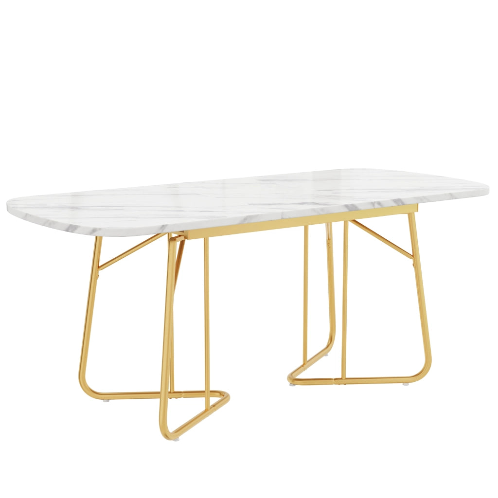 Tavolo allungabile da pranzo in MDF effetto marmo bianco con gambe in metallo dorato per sala da pranzo moderno