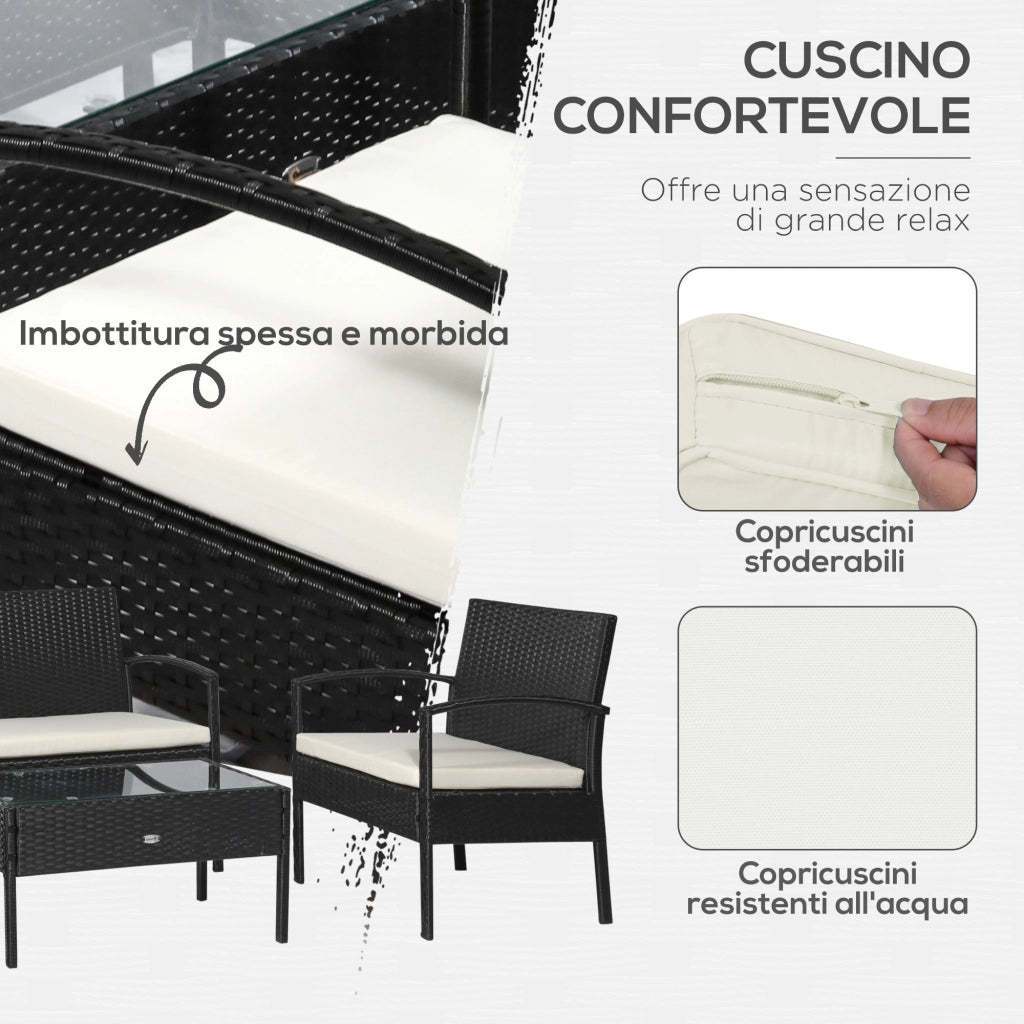 Set da Giardino 4 Pezzi in Rattan PE ¨C zephmum ¨C Nero e Crema