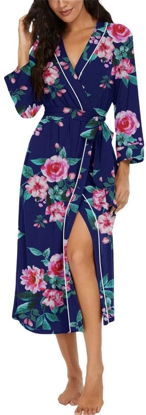 Kimono per donna leggero 3/4 maniche, abito da camera, abito da sera, abbigliamento da sera, abbigliamento da relax, abbigliamento per sauna, modello: Marineblauw Bloemenmotief, taglia XL