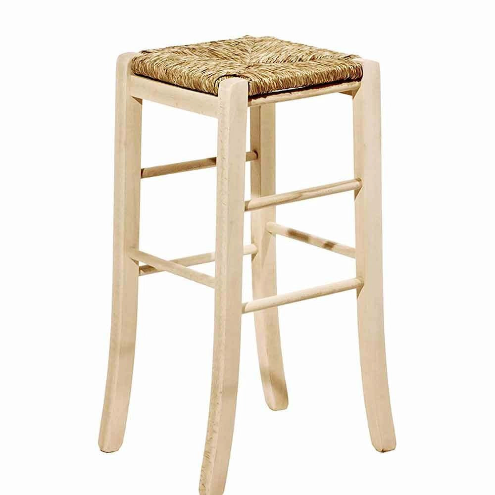 Sgabello in legno grezzo h 67 cm con seduta quadrata in paglia e piedi sciabola