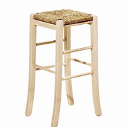 Sgabello in legno grezzo h 67 cm con seduta quadrata in paglia e piedi sciabola