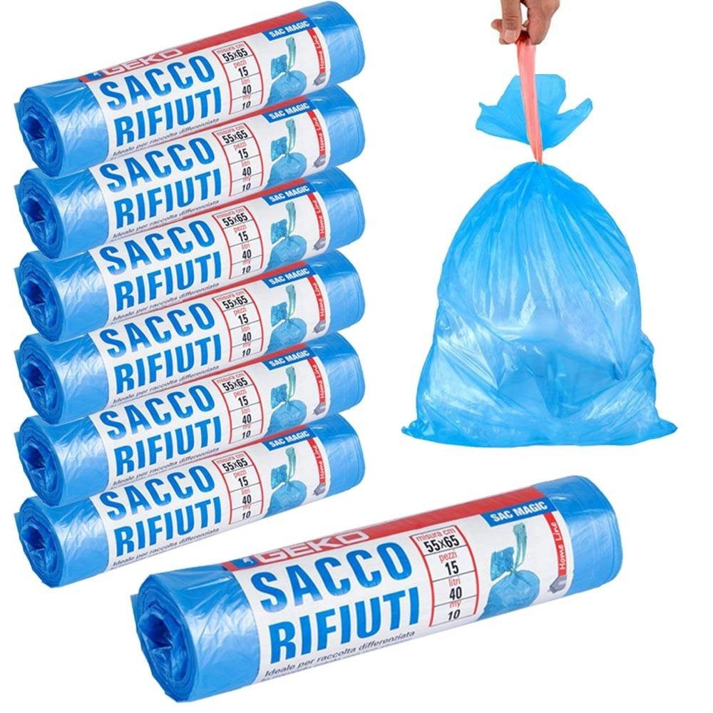 Trade Shop - 7x Rotoli Sacchetti Buste Spazzatura 40lt 55x65 Chiusura Laccetto Azzurro 105pz -