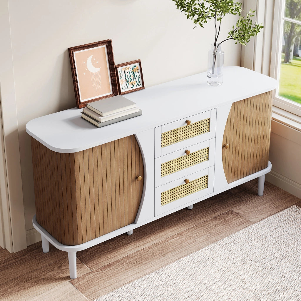 Credenza con 2 Ante 3 Cassetti in Rattan e Ripiani Regolabili per Soggiorno in MDF 140;5 x 40 x 76 cm Bianca