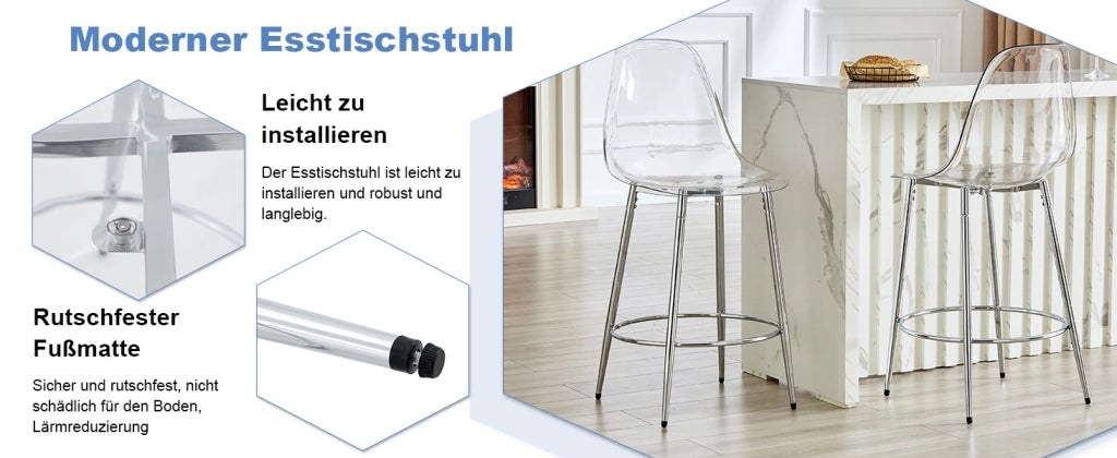 Set da 2 Sgabelli da Bar Trasparenti Gambe in Metallo Argento Altezza 102 cm Design Moderno e Robusto per Cucina
