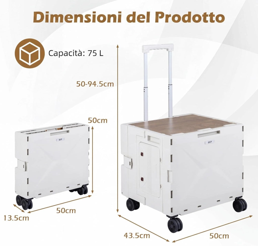 Carrello Spesa con 4 Ruote, 75 L, Carrellino Pieghevole con Manico Telescopico e Regolabile e Coperchio, Trolley Portatutto per Shopping, Campeggio, Picnic e Attrezzi