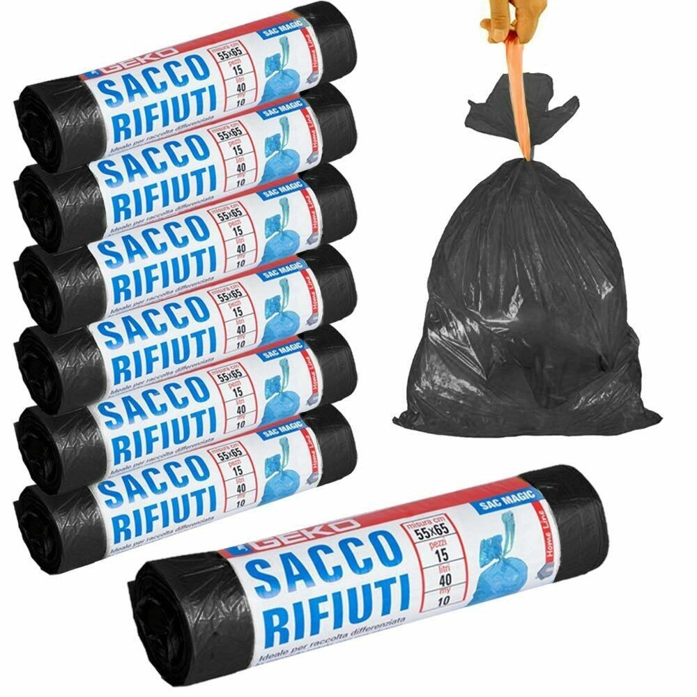 Trade Shop - 7 X Rotoli Sacchetti Buste Spazzatura 40lt 55x65cm Chiusura Laccetto Nero 105pz -