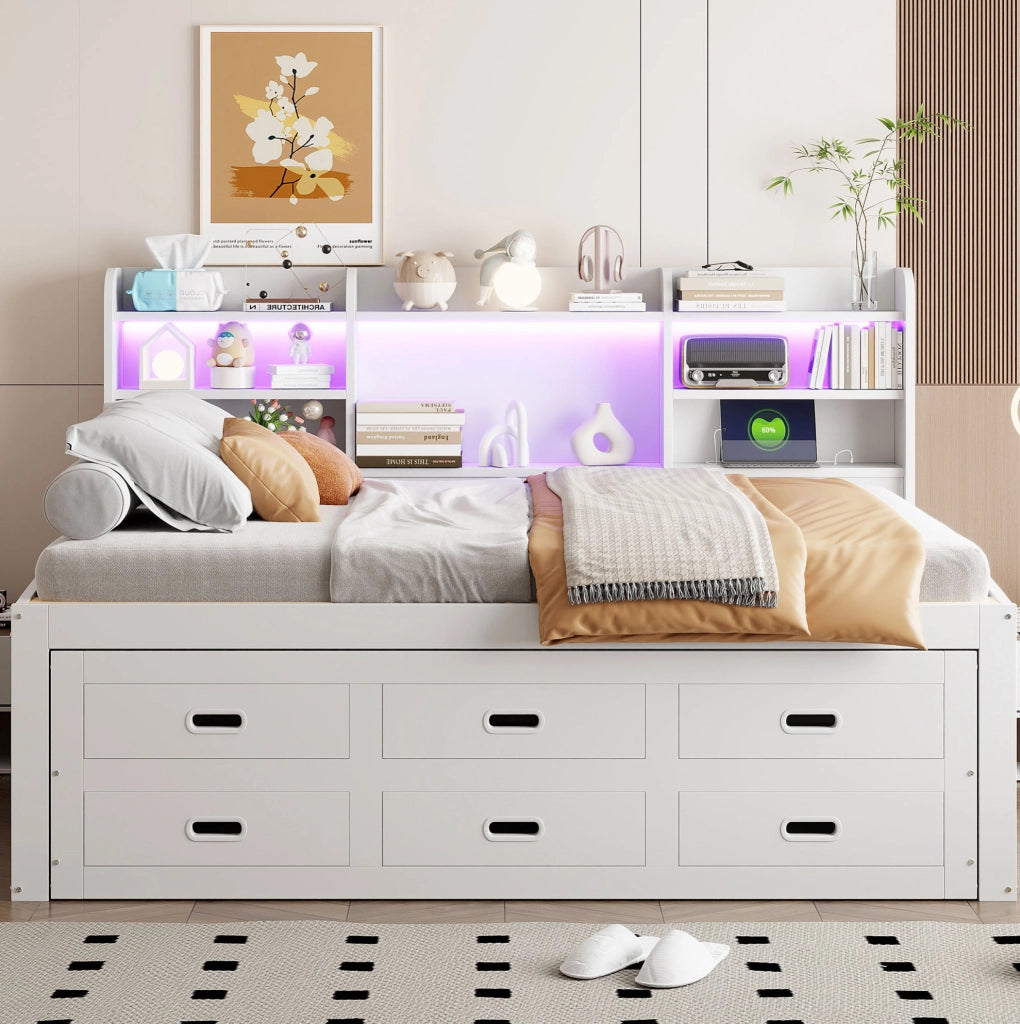 Letto multifunzionale con LED, 3 cassetti e ricarica USB + Type-C
