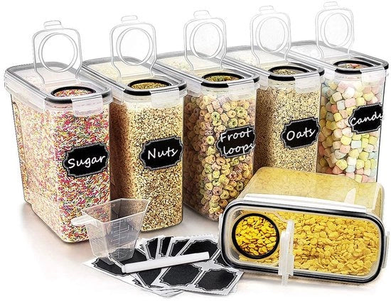 Set di 6 contenitori a gas chiuso (4 litri) per cereali per colazione e alimenti secchi per zucchero, farina, snack e accessori da forno con coperchi neri