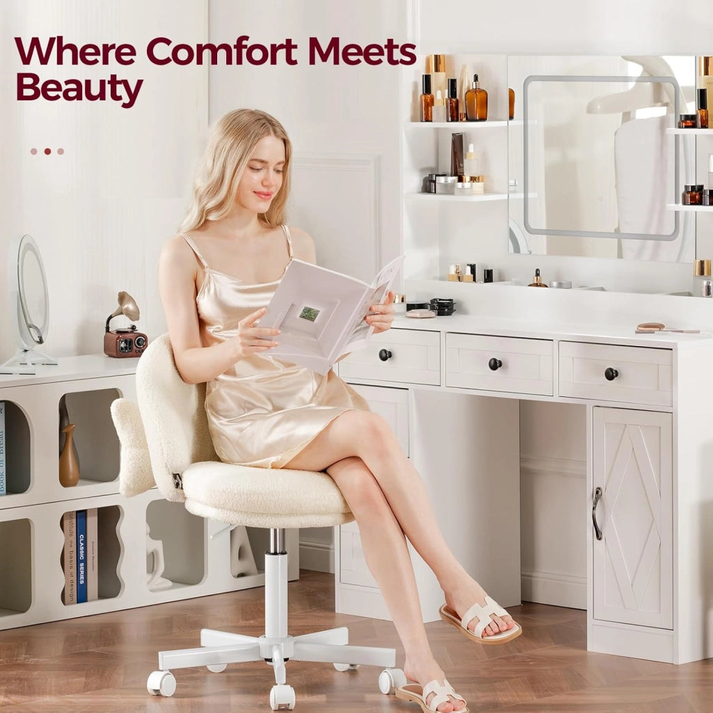 HomeOffice - Sedia per trucco, sedia da scrivania senza braccioli, girevole con supporto per schiena, comoda sedia da ufficio su ruote, altezza regolabile, colore: Bianco