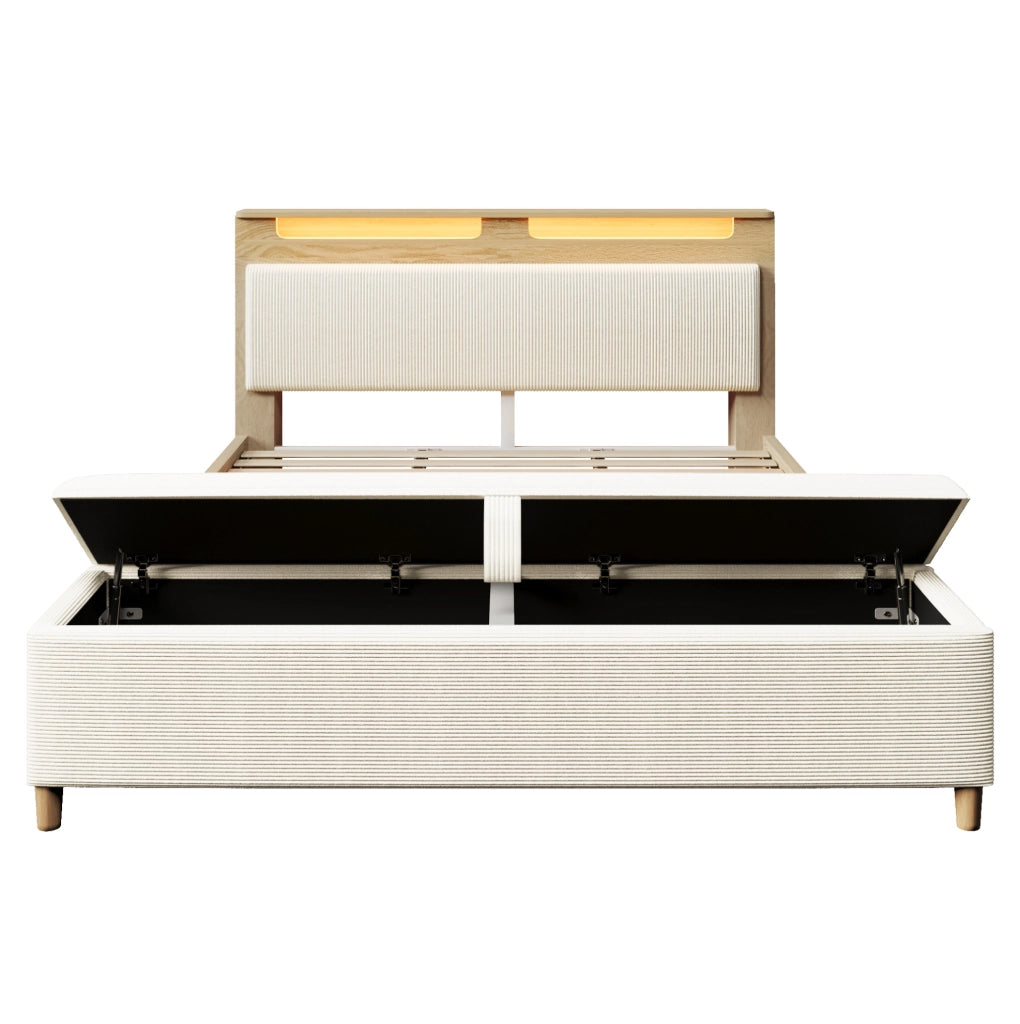 Letto matrimoniale 180x200 cm in legno effetto rovere chiaro con testiera in corda e LED; beige