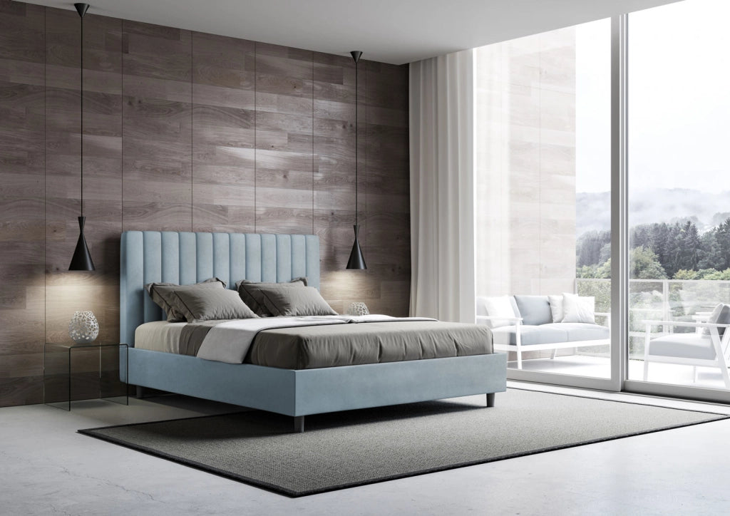 BS COM Letto una piazza e mezza con rete imbottito 130x200 microfibra azzurro