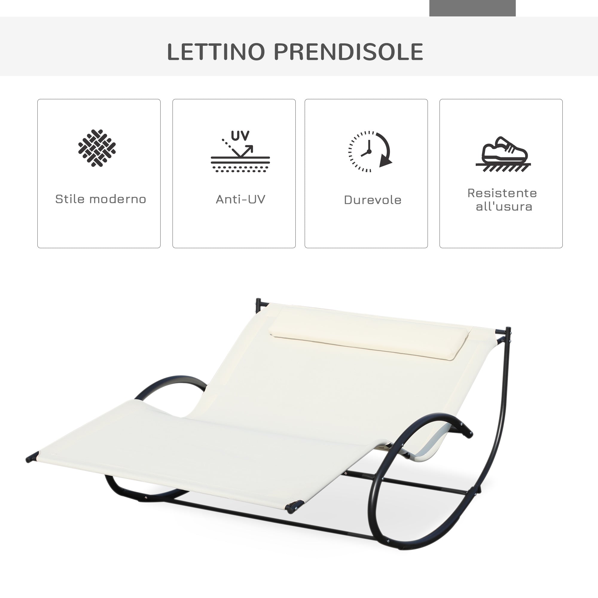 Lettino Prendisole a Dondolo 2 Posti da Giardino 140x200x88 cm in Metallo e Textilene Bianco Crema