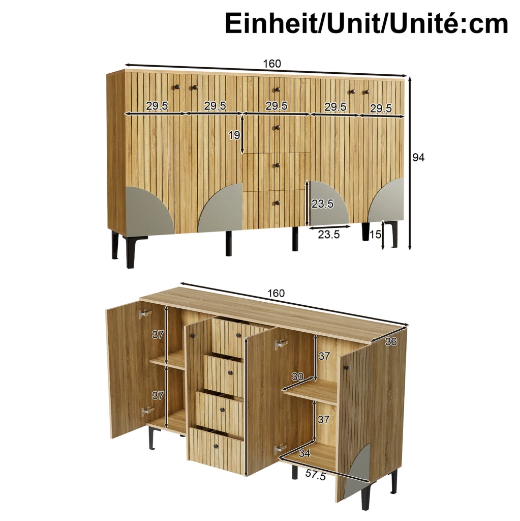 Mobile contenitore in legno 160x36x94 cm con 4 ante e 4 cassetti