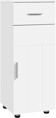 Mobiletto da Bagno Salvaspazio a Colonna, Armadietto in Legno, Mobile da Bagno a Terra, con Cassetto, Anta e Ripiano Regolabile, Bianco