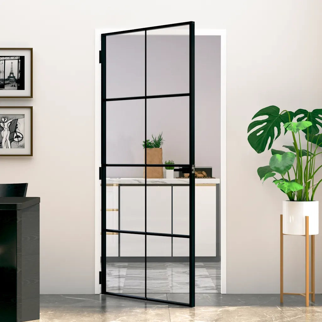 Porta Interna Nera 93x201,5cm Vetro Temperato Alluminio Sottilecod mxl 79526
