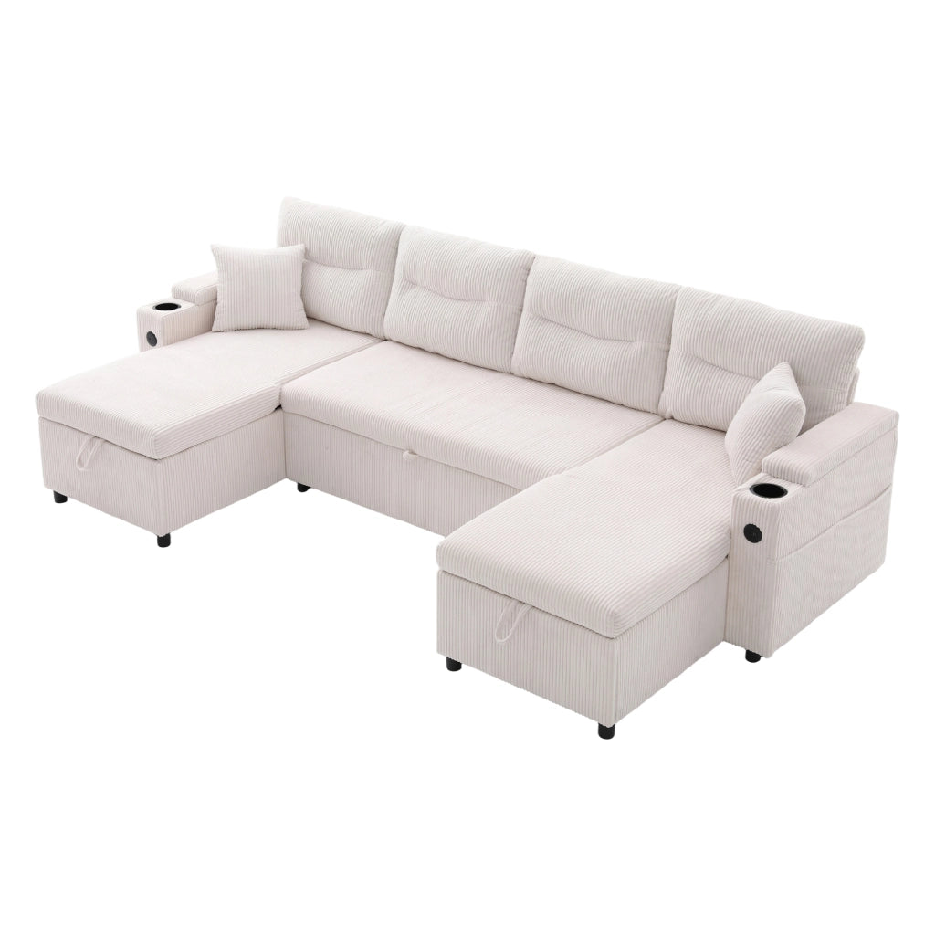 Divano a 4 posti con doppia chaise longue; porta bicchieri; USB-C e contenitore; beige