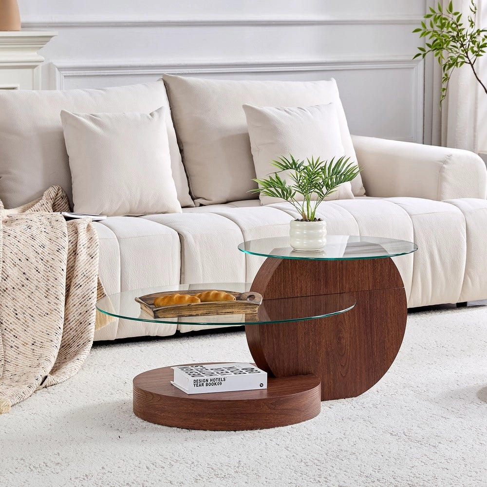 Tavolino da Caff¨¨ Moderno ¨C MINIMAL ¨C MDF, Effetto Noce, Vetro Temperato, 2 Livelli