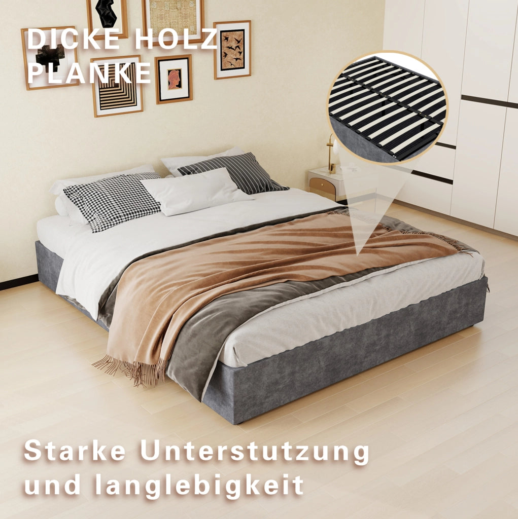 Letto matrimoniale 160x200 cm con testiera geometrica e rete a doghe; grigio