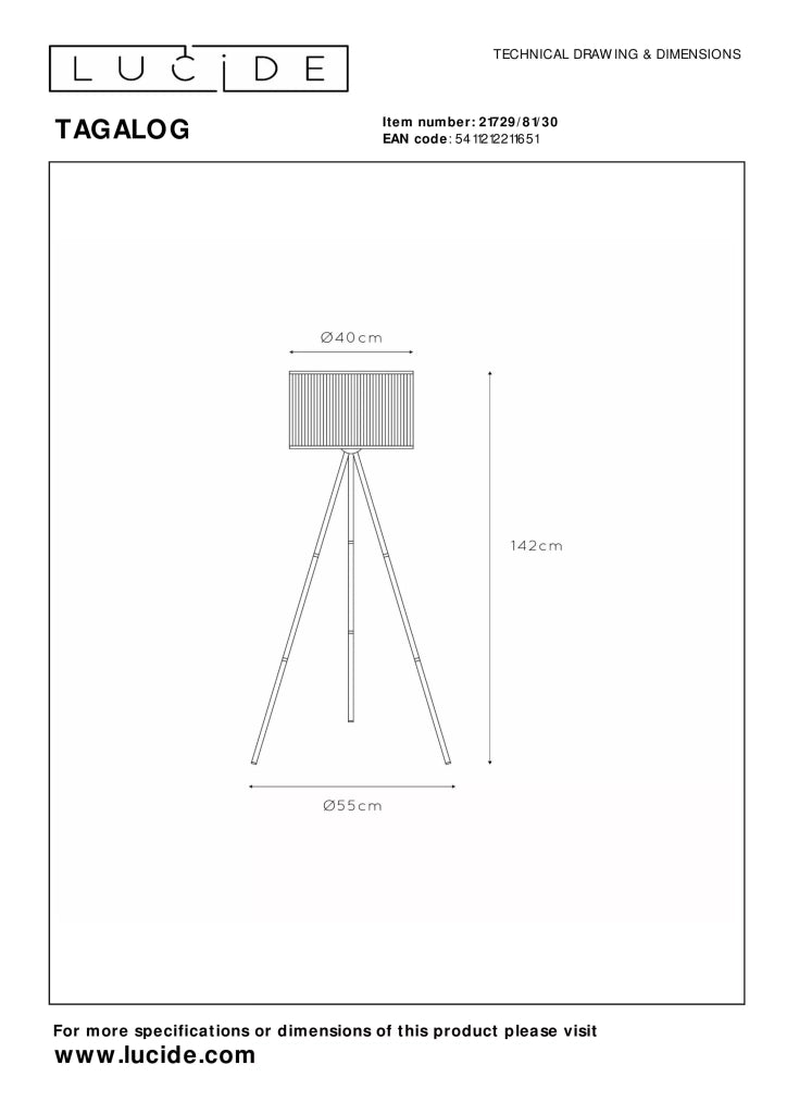 Lampada da terra Lucide Tagalog nera rattan E27 142cm