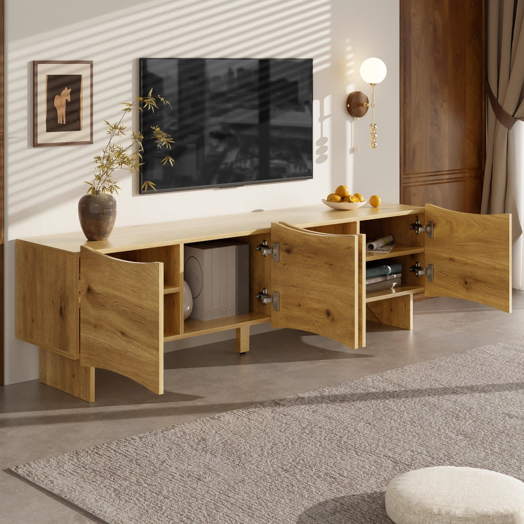 OKWISH Mobile TV con 4 Ante e Passacavi, Frontali Ondulati, per Soggiorno, in Pannelli di Particelle, 155 x 36 x 47 cm